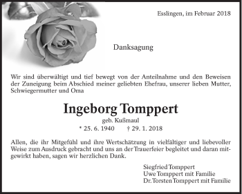 Traueranzeige von Ingeborg Tomppert von Eßlinger Zeitung/Cannstatter Zeitung