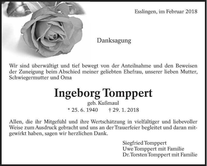  Traueranzeige für Ingeborg Tomppert vom 24.02.2018 aus Eßlinger Zeitung/Cannstatter Zeitung