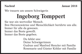 Traueranzeige von Ingeborg Tomppert von Eßlinger Zeitung/Cannstatter Zeitung