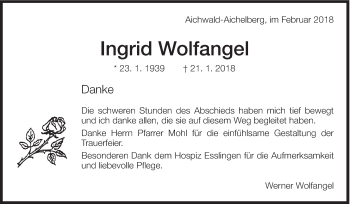 Traueranzeige von Ingrid Wolfangel von Eßlinger Zeitung/Cannstatter Zeitung