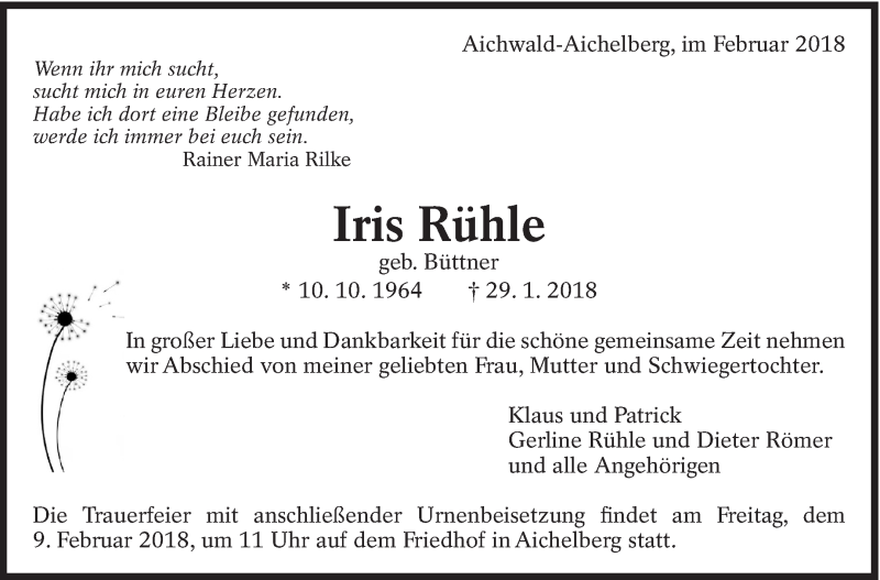  Traueranzeige für Iris Rühle vom 03.02.2018 aus Eßlinger Zeitung/Cannstatter Zeitung