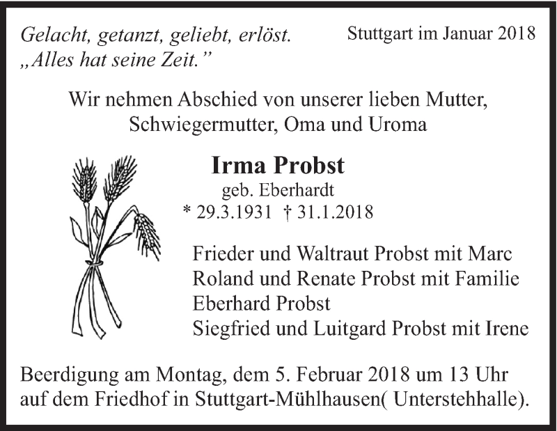  Traueranzeige für Irma Probst vom 02.02.2018 aus Eßlinger Zeitung/Cannstatter Zeitung