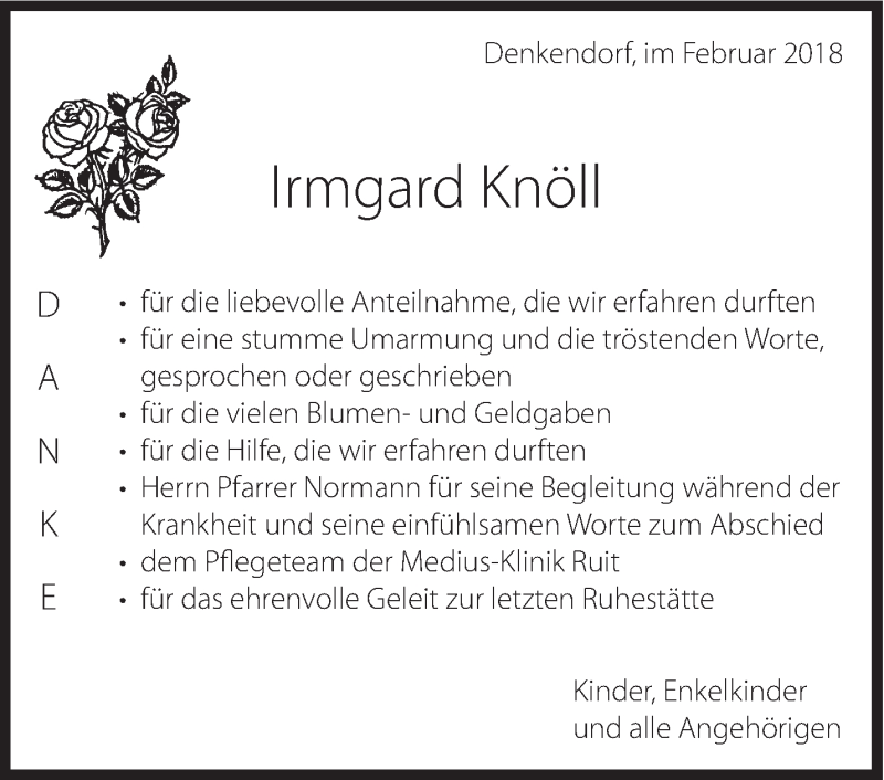  Traueranzeige für Irmgard Knöll vom 10.02.2018 aus Eßlinger Zeitung/Cannstatter Zeitung