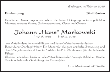 Traueranzeige von Johann Markowski von Eßlinger Zeitung/Cannstatter Zeitung