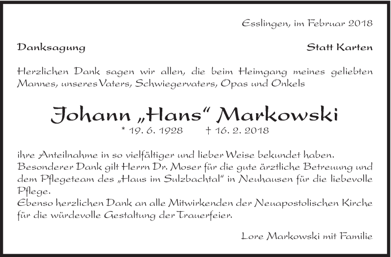  Traueranzeige für Johann Markowski vom 28.02.2018 aus Eßlinger Zeitung/Cannstatter Zeitung