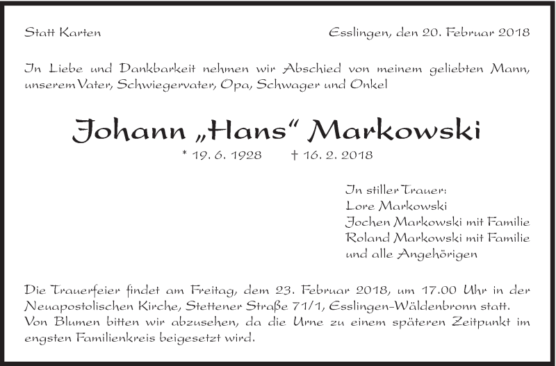  Traueranzeige für Johann Markowski vom 20.02.2018 aus Eßlinger Zeitung/Cannstatter Zeitung