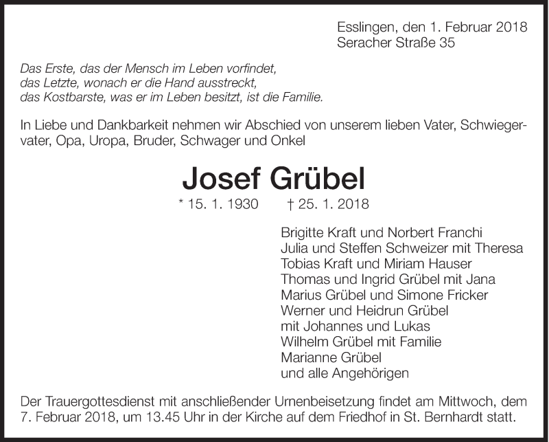  Traueranzeige für Josef Grübel vom 01.02.2018 aus Eßlinger Zeitung/Cannstatter Zeitung