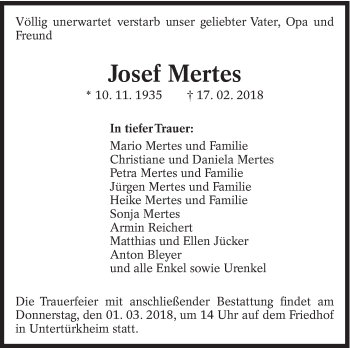Traueranzeige von Josef Mertes von Eßlinger Zeitung/Cannstatter Zeitung