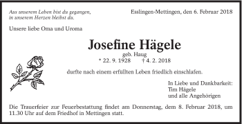 Traueranzeige von Josefine Hägele von Eßlinger Zeitung/Cannstatter Zeitung