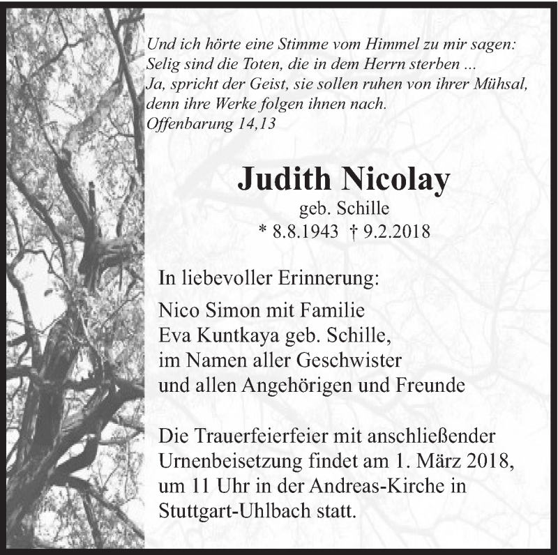  Traueranzeige für Judith Nicolay vom 26.02.2018 aus Eßlinger Zeitung/Cannstatter Zeitung