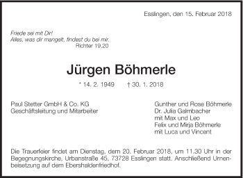 Traueranzeige von Jürgen Böhmerle von Eßlinger Zeitung/Cannstatter Zeitung