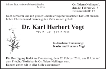Traueranzeige von Karl Herbert Vogt von Eßlinger Zeitung/Cannstatter Zeitung