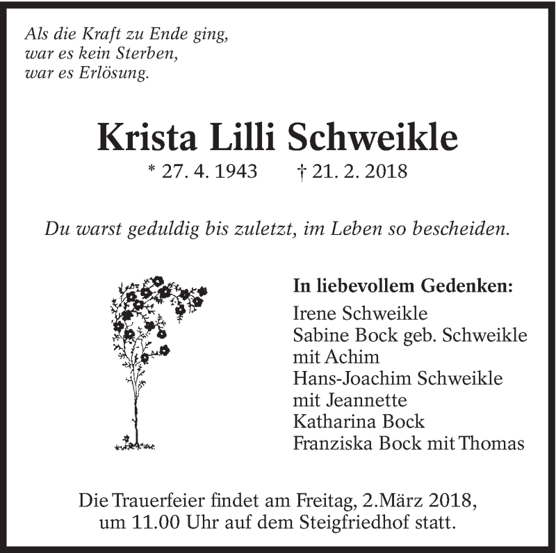  Traueranzeige für Krista Lilli Schweikle vom 27.02.2018 aus Eßlinger Zeitung/Cannstatter Zeitung
