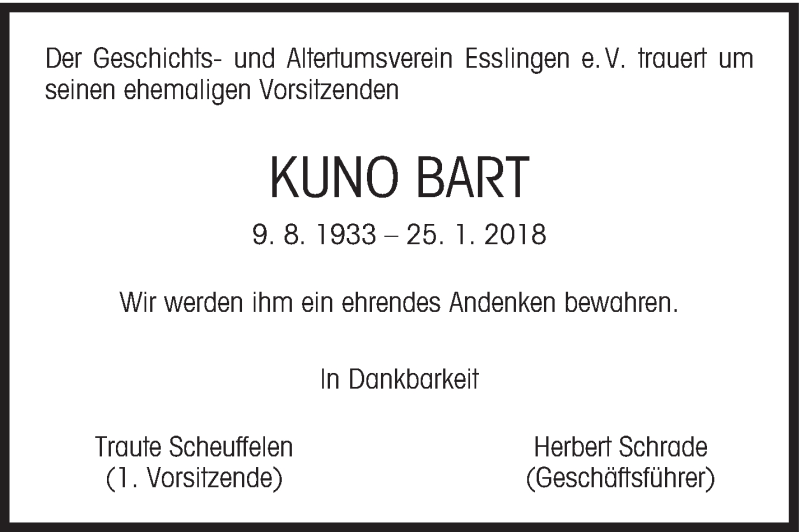 Traueranzeige für Kuno Bart vom 03.02.2018 aus Eßlinger Zeitung/Cannstatter Zeitung