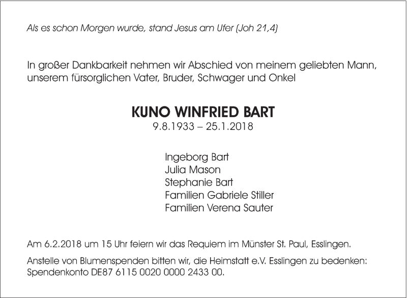  Traueranzeige für Kuno Winfried Bart vom 01.02.2018 aus Eßlinger Zeitung/Cannstatter Zeitung