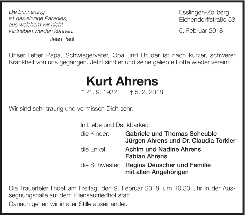  Traueranzeige für Kurt Ahrens vom 07.02.2018 aus Eßlinger Zeitung/Cannstatter Zeitung