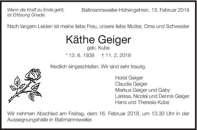  Traueranzeige für Käthe Geiger vom 13.02.2018 aus Eßlinger Zeitung/Cannstatter Zeitung