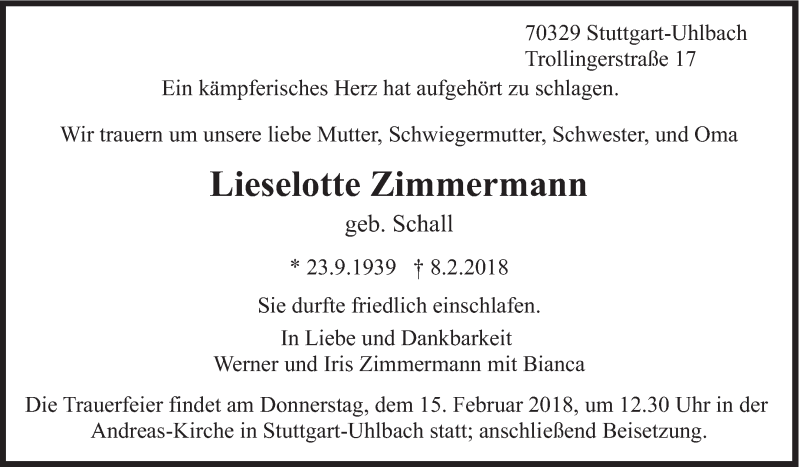  Traueranzeige für Lieselotte Zimmermann vom 13.02.2018 aus Eßlinger Zeitung/Cannstatter Zeitung