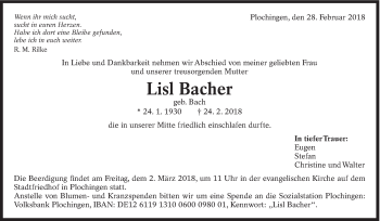 Traueranzeige von Lisl Bacher von Eßlinger Zeitung/Cannstatter Zeitung