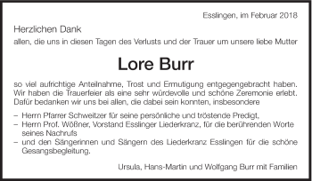 Traueranzeige von Lore Burr von Eßlinger Zeitung/Cannstatter Zeitung