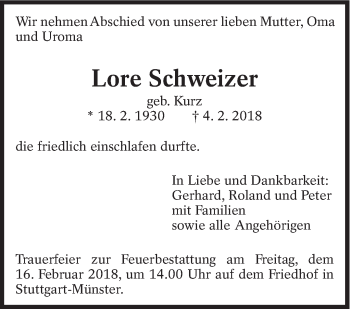 Traueranzeige von Lore Schweizer von Eßlinger Zeitung/Cannstatter Zeitung