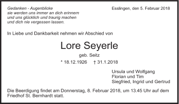 Traueranzeige von Lore Seyerle von Eßlinger Zeitung/Cannstatter Zeitung
