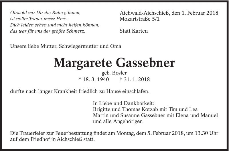  Traueranzeige für Margarete Gassebner vom 01.02.2018 aus Eßlinger Zeitung/Cannstatter Zeitung