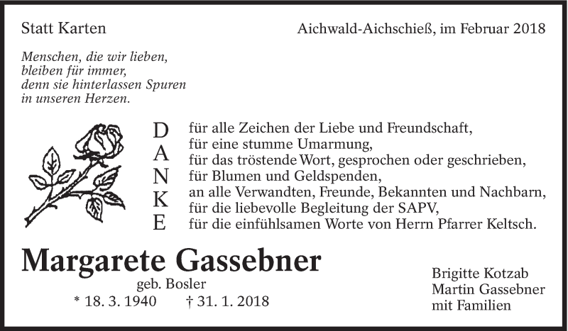  Traueranzeige für Margarete Gassebner vom 10.02.2018 aus Eßlinger Zeitung/Cannstatter Zeitung