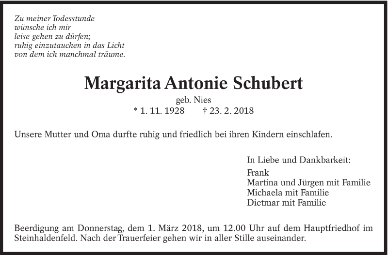  Traueranzeige für Margarita Antonie Schubert vom 27.02.2018 aus Eßlinger Zeitung/Cannstatter Zeitung