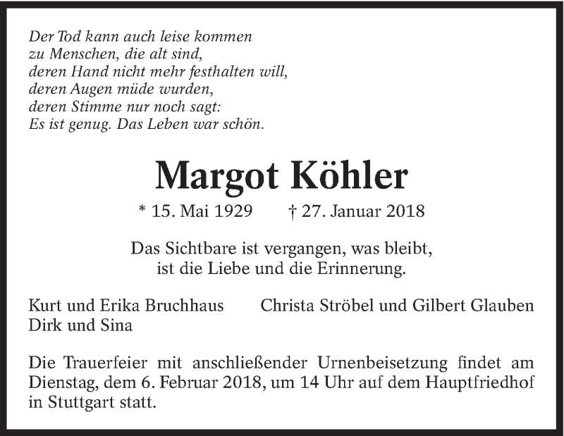  Traueranzeige für Margot Köhler vom 01.02.2018 aus Eßlinger Zeitung/Cannstatter Zeitung