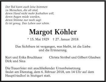 Traueranzeige von Margot Köhler von Eßlinger Zeitung/Cannstatter Zeitung