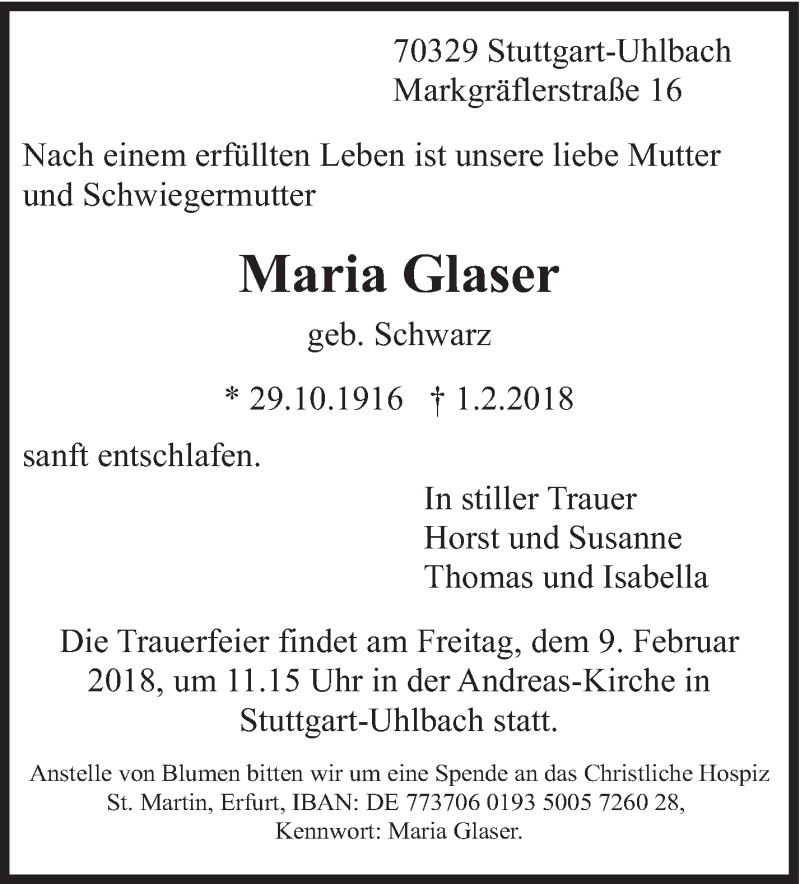  Traueranzeige für Maria Glaser vom 07.02.2018 aus Eßlinger Zeitung/Cannstatter Zeitung