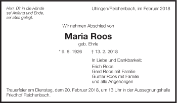 Traueranzeige von Maria Roos von Eßlinger Zeitung/Cannstatter Zeitung
