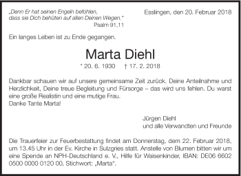 Traueranzeige von Marta Diehl von Eßlinger Zeitung/Cannstatter Zeitung