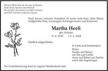 Traueranzeige von Martha Heeß von Eßlinger Zeitung/Cannstatter Zeitung