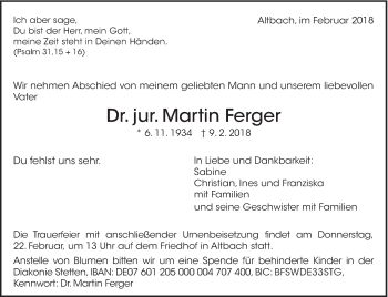 Traueranzeige von Martin Ferger von Eßlinger Zeitung/Cannstatter Zeitung