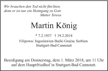 Traueranzeige von Martin König von Eßlinger Zeitung/Cannstatter Zeitung