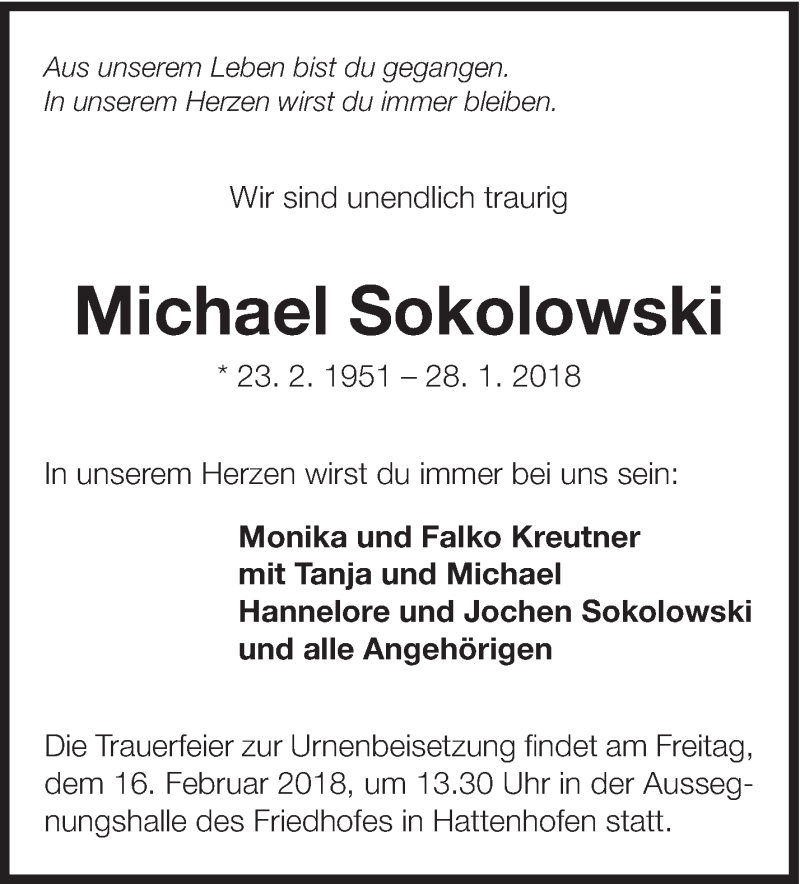  Traueranzeige für Michael Sokolowski vom 13.02.2018 aus Eßlinger Zeitung/Cannstatter Zeitung