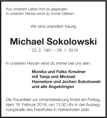 Traueranzeige von Michael Sokolowski von Eßlinger Zeitung/Cannstatter Zeitung