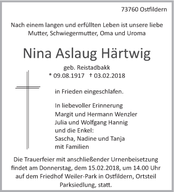 Traueranzeige von Nina Aslaug Härtwig von Eßlinger Zeitung/Cannstatter Zeitung