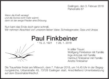Traueranzeige von Paul Finkbeiner von Eßlinger Zeitung/Cannstatter Zeitung