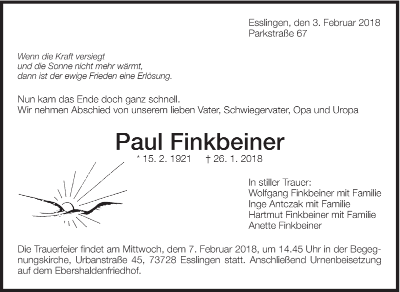  Traueranzeige für Paul Finkbeiner vom 03.02.2018 aus Eßlinger Zeitung/Cannstatter Zeitung