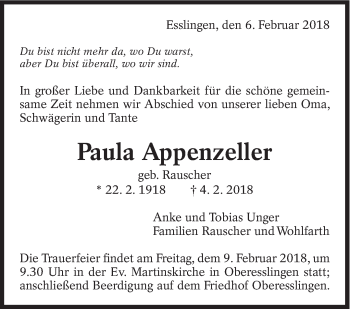 Traueranzeige von Paula Appenzeller von Eßlinger Zeitung/Cannstatter Zeitung