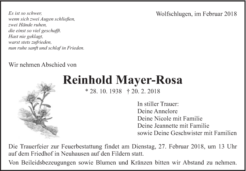  Traueranzeige für Reinhold Mayer-Rosa vom 22.02.2018 aus Eßlinger Zeitung/Cannstatter Zeitung