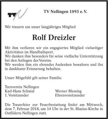 Traueranzeige von Rolf Dreizler von Eßlinger Zeitung/Cannstatter Zeitung