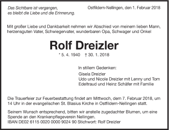 Traueranzeige von Rolf Dreizler von Eßlinger Zeitung/Cannstatter Zeitung