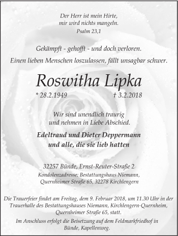 Traueranzeige von Roswitha Lipka von Eßlinger Zeitung/Cannstatter Zeitung