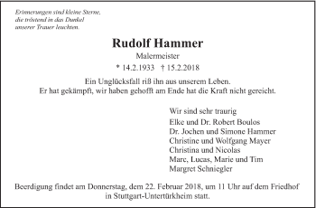 Traueranzeige von Rudolf Hammer von Eßlinger Zeitung/Cannstatter Zeitung