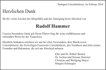 Traueranzeige von Rudolf Hammer von Eßlinger Zeitung/Cannstatter Zeitung