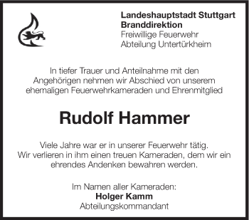 Traueranzeige von Rudolf Hammer von Eßlinger Zeitung/Cannstatter Zeitung
